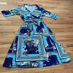 Blue Floral Scarf-Print Faux Wrap Dress